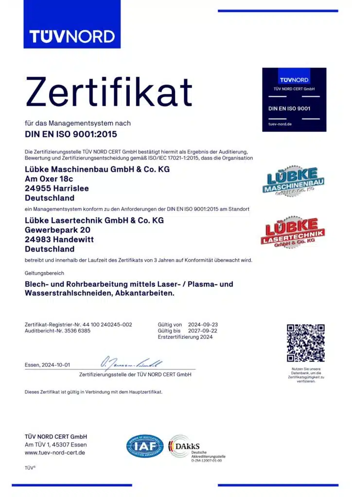 DIN EN ISO 9001 Lübke Lasertechnik